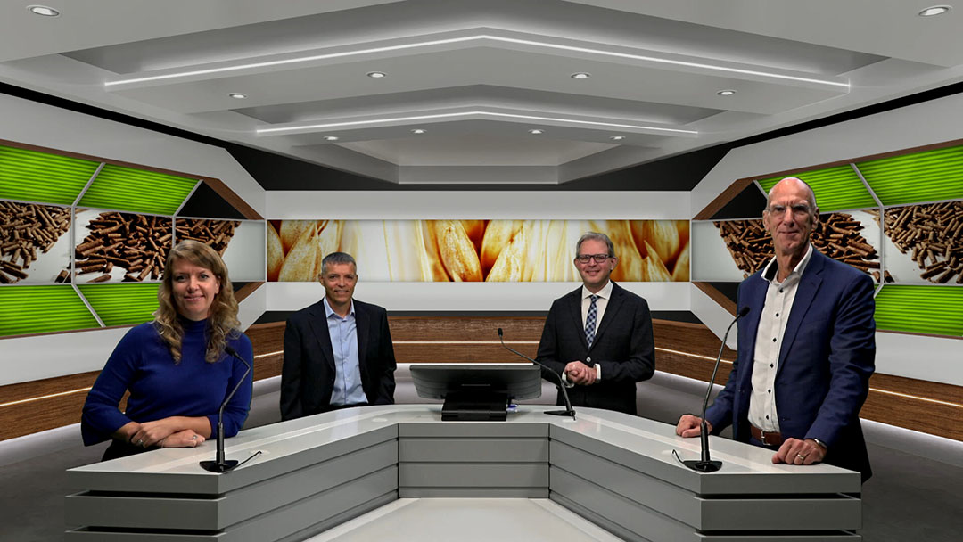 The line-up of the webinar, with from left to right speakers Nienke de Groot, Dr Peter Ramaekers, Vincent ter Beek (host) and Prof Leo den Hartog. - Photo: Company Webcast