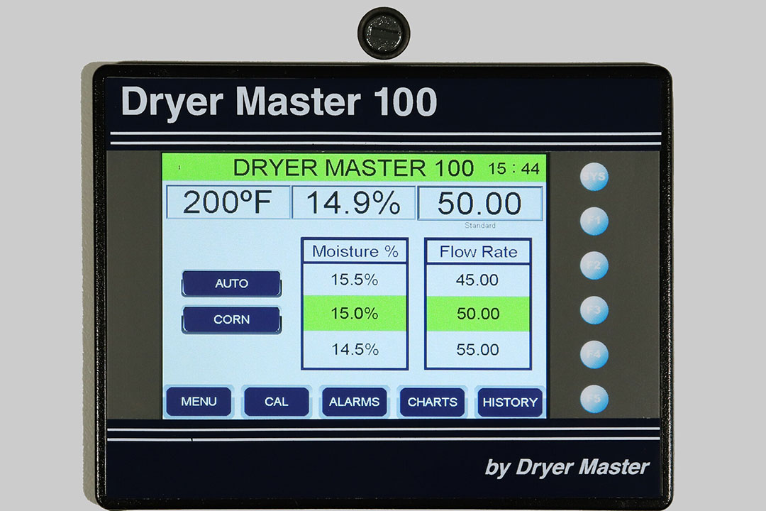 The Dryer Master DM100 measures grain moisture at the discharge points and provides an element of control to relieve the workload of whoever is managing the dryer. Photo: Kentra