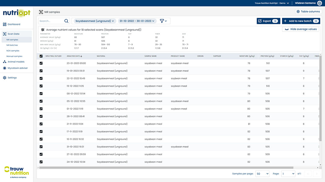 An example of an overview of soy samples in MyNutriOpt. A user can select these samples to create a batch and calculate the average nutritional values. Photo: Trouw Nutrition