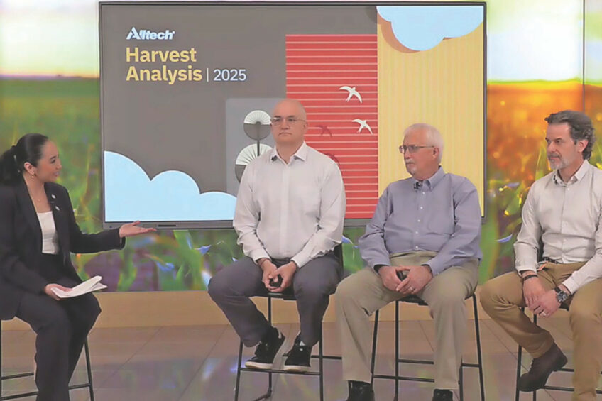 The Alltech 2025 Global Harvest Broadcast. Left to Right: Janella Hurst (Moderator), Global Head of Marketing (Nutrition), Alltech Technology Group, Dr. Jan Dutton, CEO, Prescient Weather Ltd. and ClimBiz Ltd.; Dr. Max Hawkins, Global Technical Support, Alltech Technology Group; and Dr. Alexandros Yiannikouris, Research Group Director, Alltech. Photo: Alltech